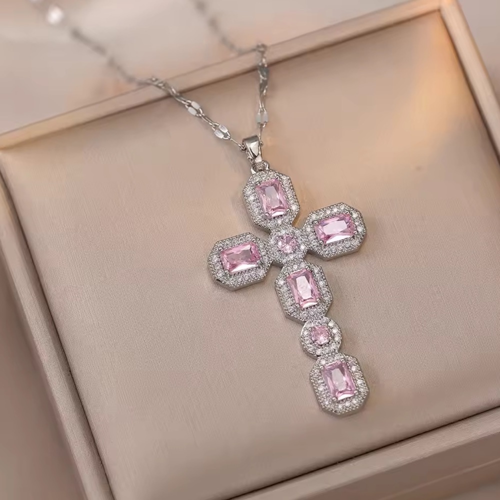 Silver Pink Diamond Cross Necklace